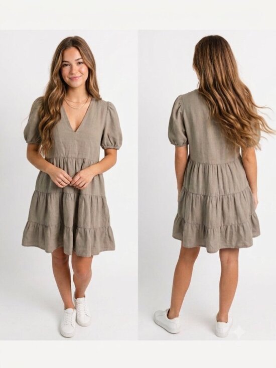 Zara Dresses & Skirts - ZARA Linen Blend Tiered Babydoll Mini Dress Taupe Khaki Puff Sleeve Medium